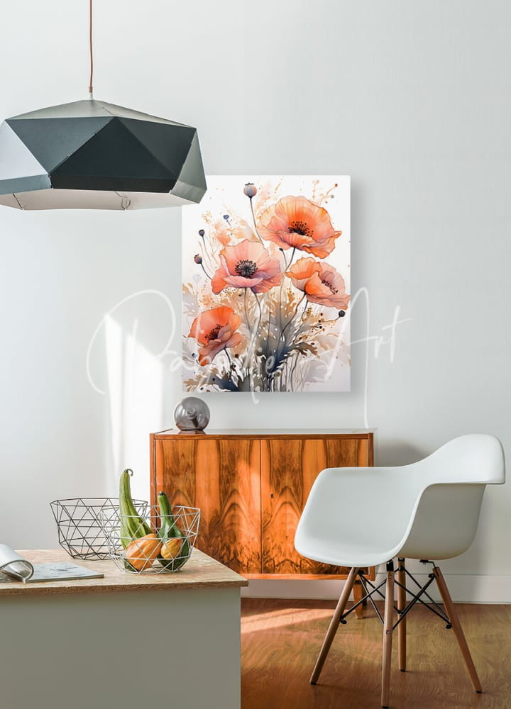 Watercolor painting of orange poppies on white canvas from the poppies ink wash collection