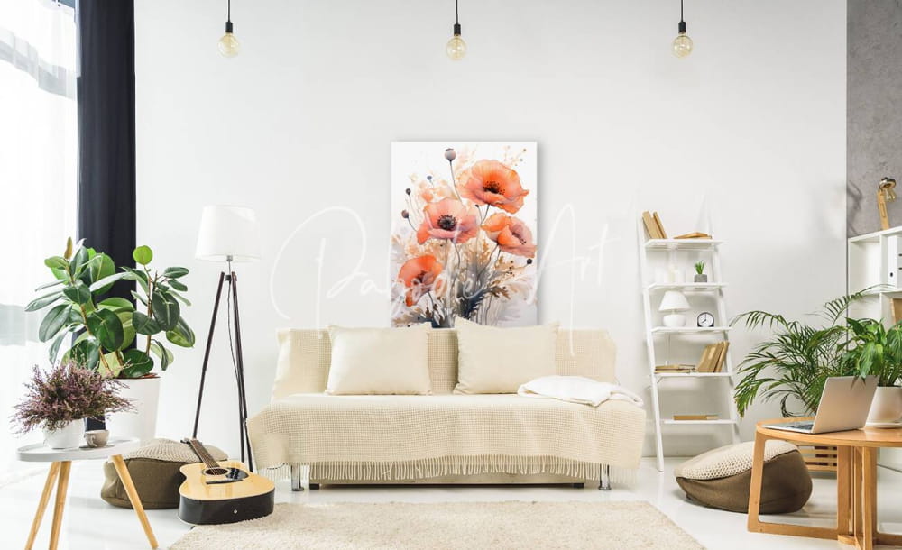 Beige textured sofa with fringed throw blanket and matching cushions in poppies ink wash design
