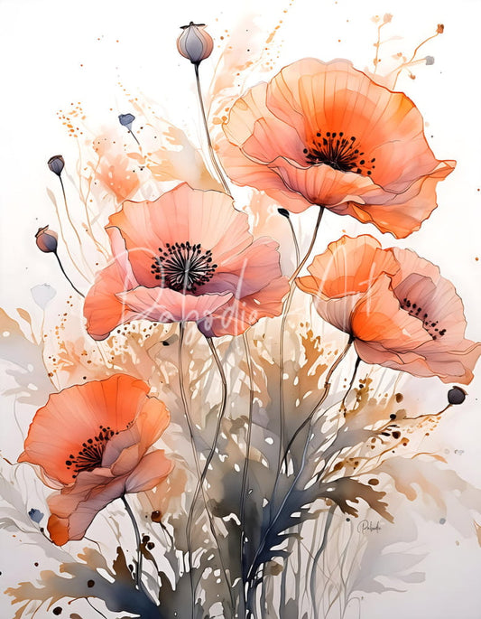 A watercolor painting titled poppies ink wash featuring vibrant orange poppies with black centers on a muted background