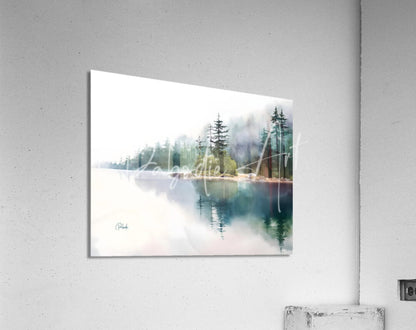 A rectangular acrylic print titled the quiet place with a serene watercolor landscape of evergreen trees and misty waters