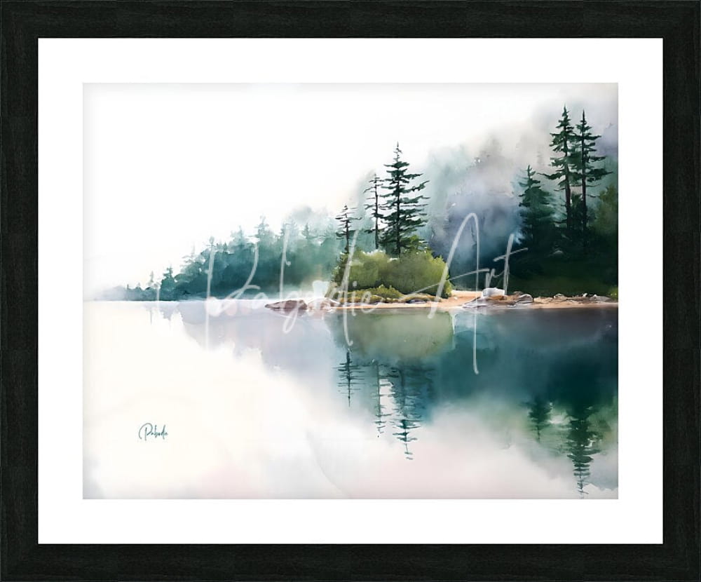 Framed watercolor painting titled the quiet place depicting a misty lakeside with evergreen trees and reflections in black frame