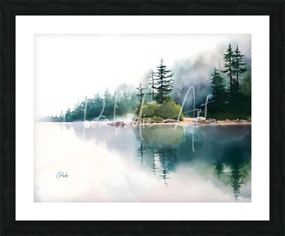 Framed watercolor painting titled the quiet place depicting a misty lakeside with evergreen trees and reflections in black frame