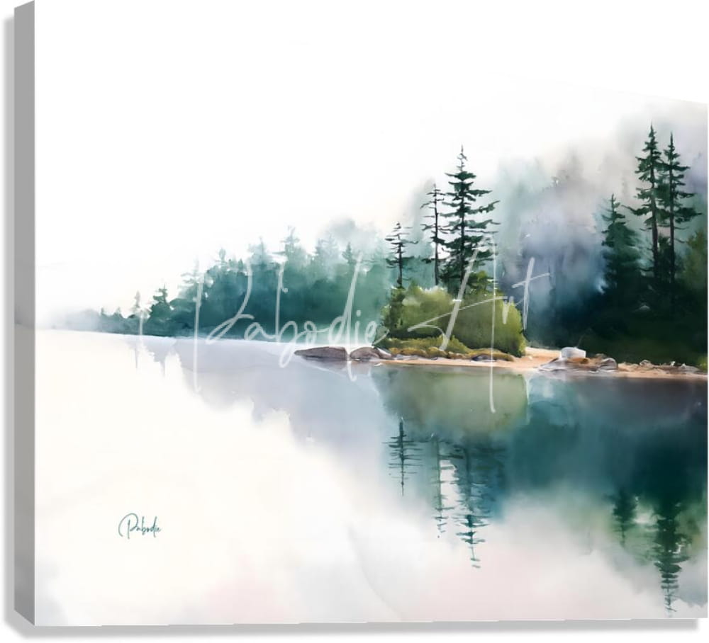 Watercolor painting on canvas titled the quiet place depicting a misty lakeside with evergreen trees and reflections