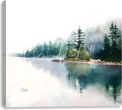 Watercolor painting on canvas titled the quiet place depicting a misty lakeside with evergreen trees and reflections