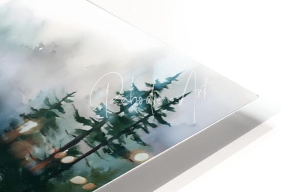 The Quiet Place acrylic print featuring a sleek watercolor forest scene with misty green trees and soft bokeh lights