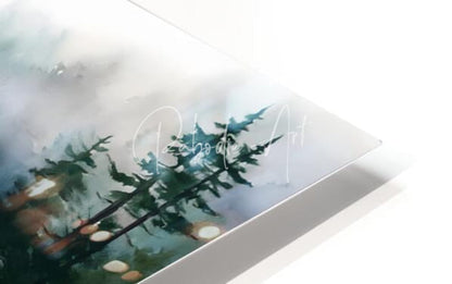 The Quiet Place acrylic print featuring a sleek watercolor forest scene with misty green trees and soft bokeh lights