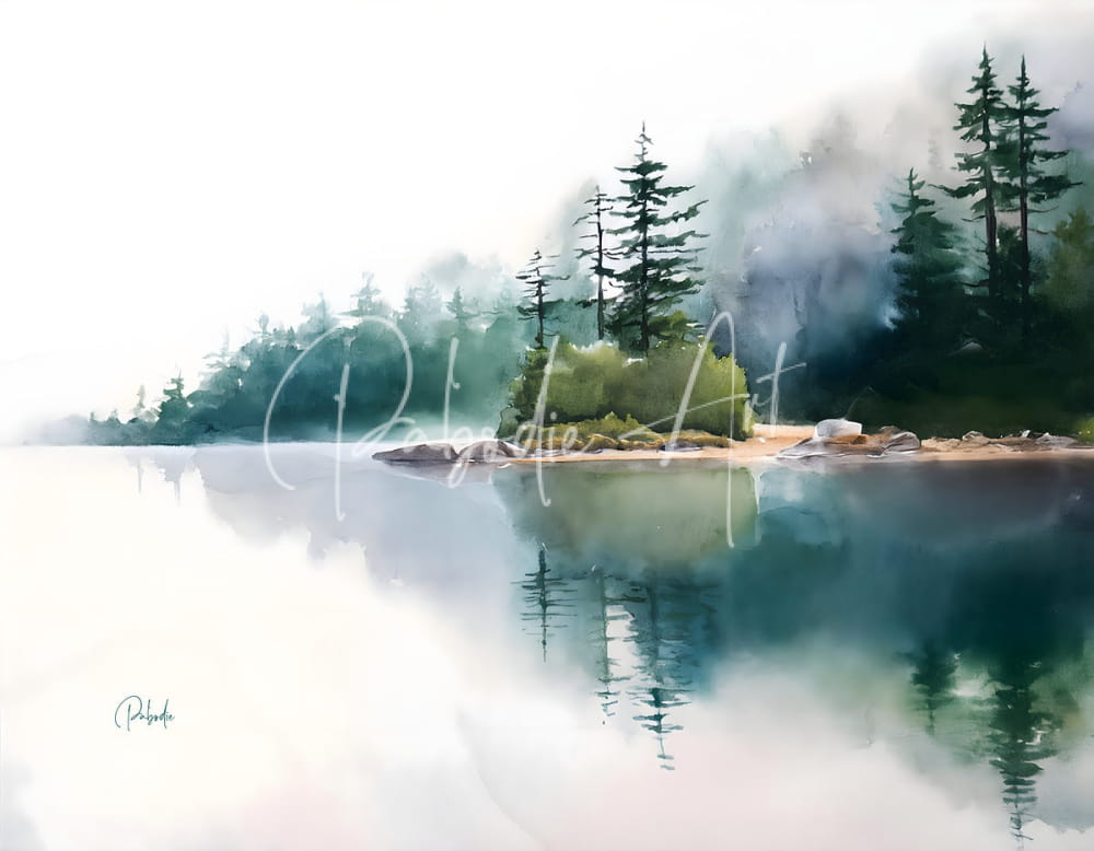 A serene watercolor painting titled the quiet place featuring misty lakeside and evergreen trees reflected in calm waters