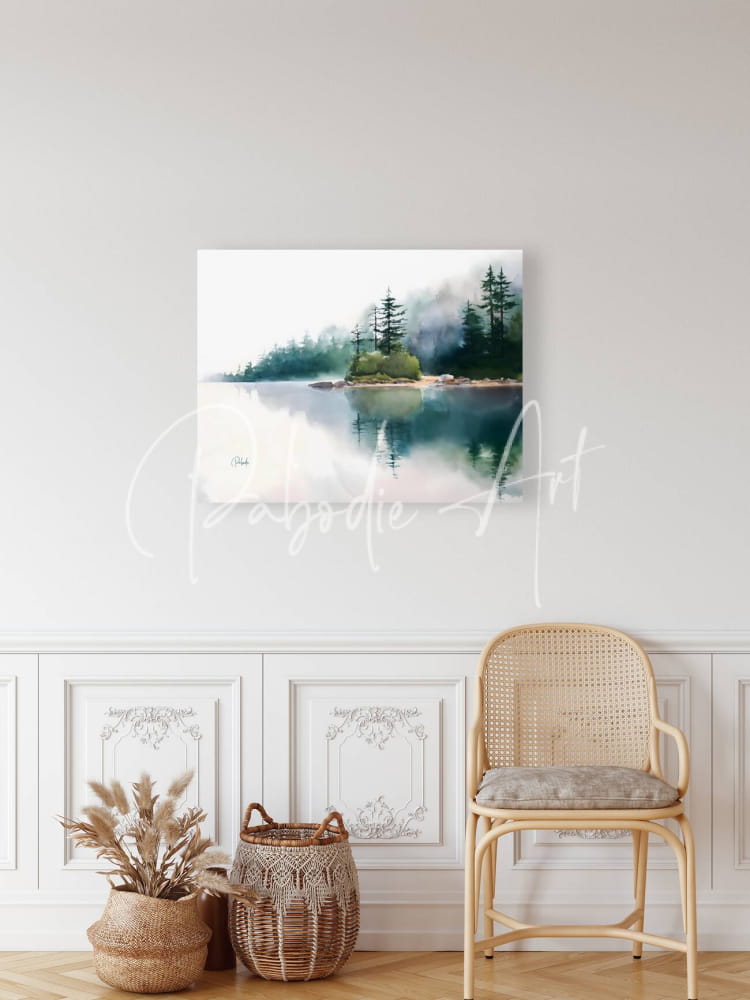 The Quiet Place watercolor painting of a misty lake and evergreen trees on a square canvas frame