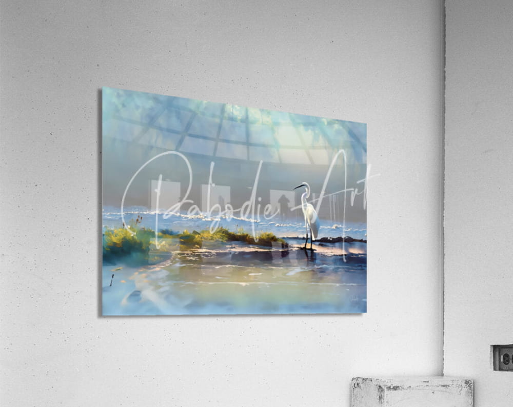 A rectangular acrylic print titled rain at the tidal pool featuring a soft impressionistic coastal scene in muted blues and greens