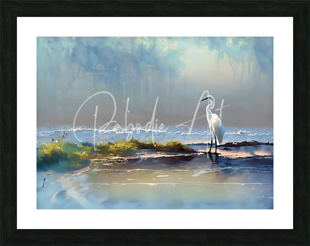 A framed artwork titled rain at the tidal pool featuring a white egret on a wet shoreline under misty light