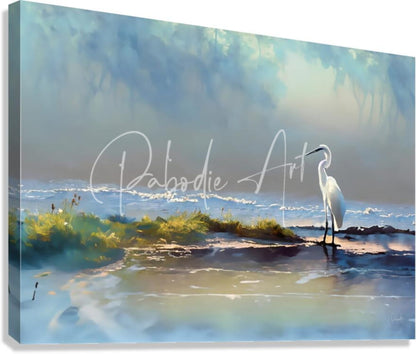A serene watercolor canvas print titled rain at the tidal pool featuring a white heron in reflective shallow waters