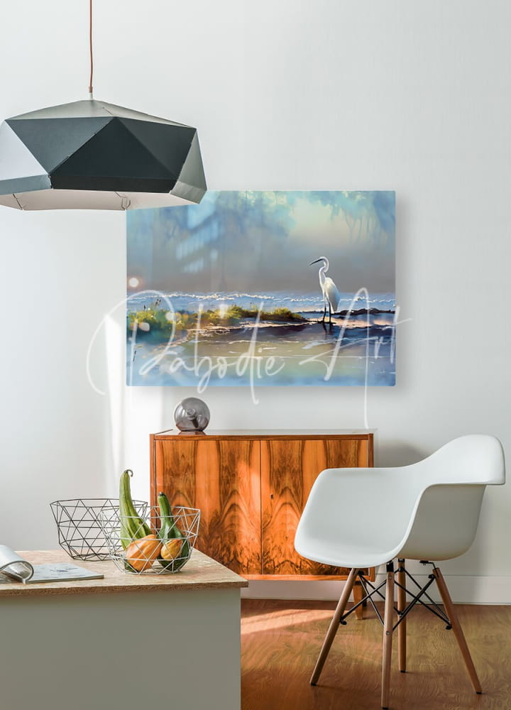 A serene blue and white canvas painting titled rain at the tidal pool featuring a solitary egret on a shoreline