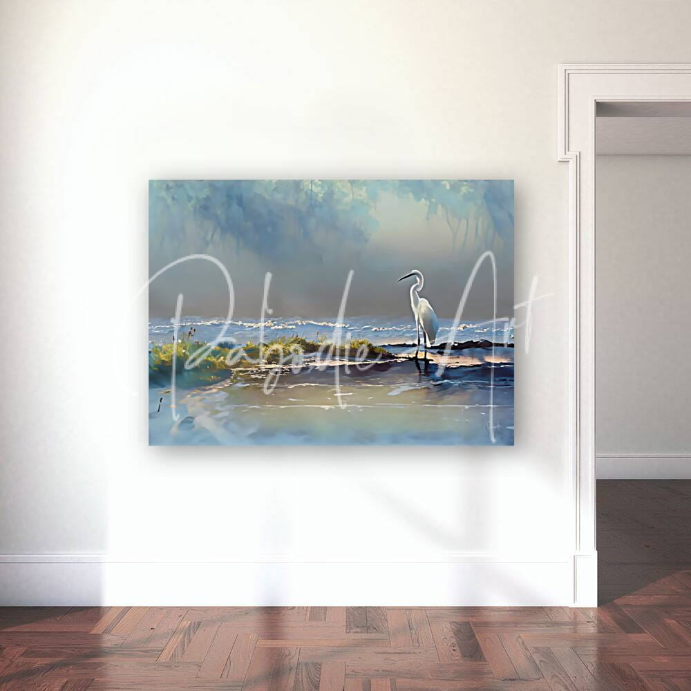 A serene canvas painting titled rain at the tidal pool featuring a solitary white egret in soft blue and green tones
