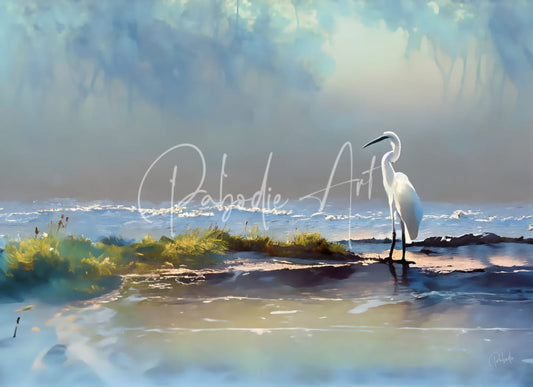 A serene watercolor painting titled rain at the tidal pool showing a white egret on a wet shoreline with soft blues and greens