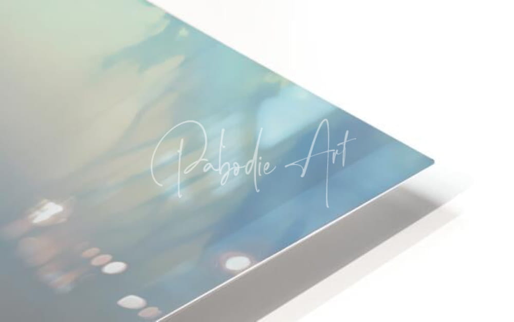 A sleek triangular art print titled rain at the tidal pool with teal and pale green gradient and white cursive script