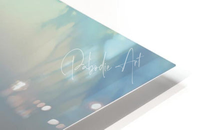 A sleek triangular art print titled rain at the tidal pool with teal and pale green gradient and white cursive script