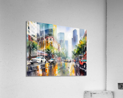 Watercolor cityscape print titled when it rains in la on acrylic wall art with vibrant rainy la colors