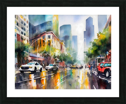 Watercolor cityscape painting titled when it rains in la featuring vibrant wet streets and modern skyscrapers in a black frame