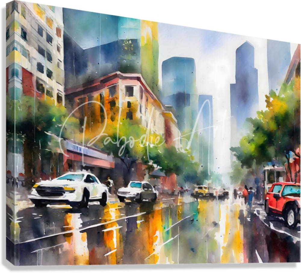 Vibrant watercolor cityscape canvas print when it rains in la featuring wet streets colorful buildings and reflections