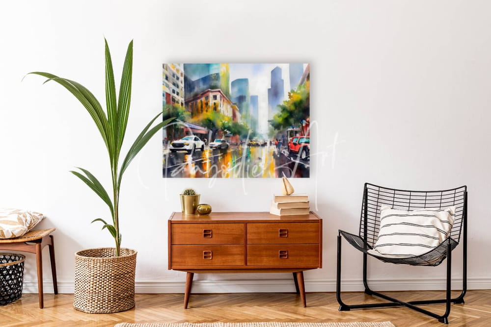 Watercolor cityscape painting titled when it rains in la with vibrant greens blues and yellows on square canvas