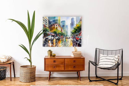 Watercolor cityscape painting titled when it rains in la with vibrant greens blues and yellows on square canvas