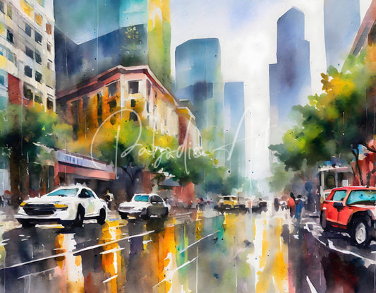Watercolor painting titled when it rains in la depicting a rainy city street with colorful reflections and police cars