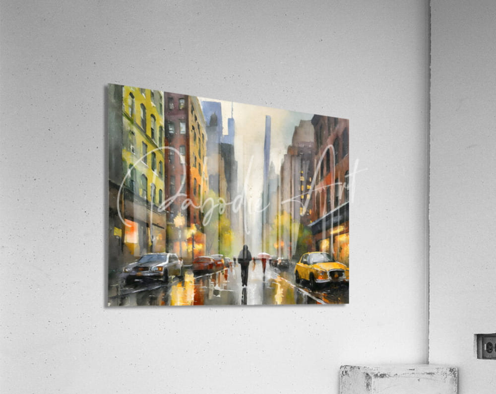 Watercolor-style cityscape acrylic print titled rainy day in manhattan showing wet streets reflecting warm lights and a yellow taxi