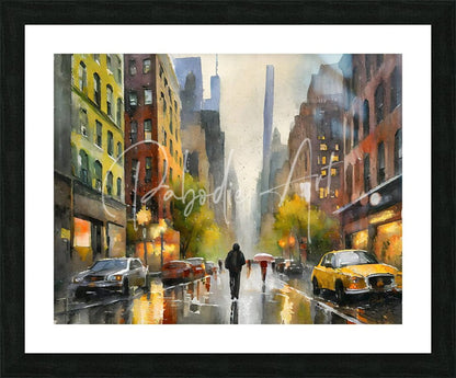 Rainy day in manhattan black-framed print of rain-slicked city street with wet pavement reflections and warm buildings