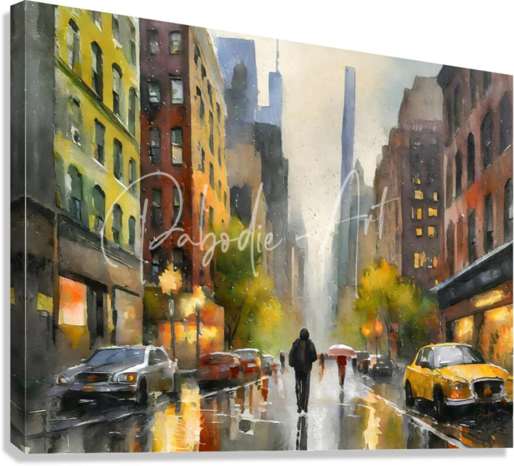 Watercolor painting on canvas of rainy manhattan street with yellow and red buildings and pedestrians with umbrellas