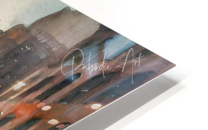 Watercolor mountain landscape print titled rainy day in manhattan on white acrylic float wall art