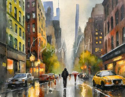 A watercolor painting titled rainy day in manhattan showing a rainy city street with tall buildings and pedestrians under umbrellas