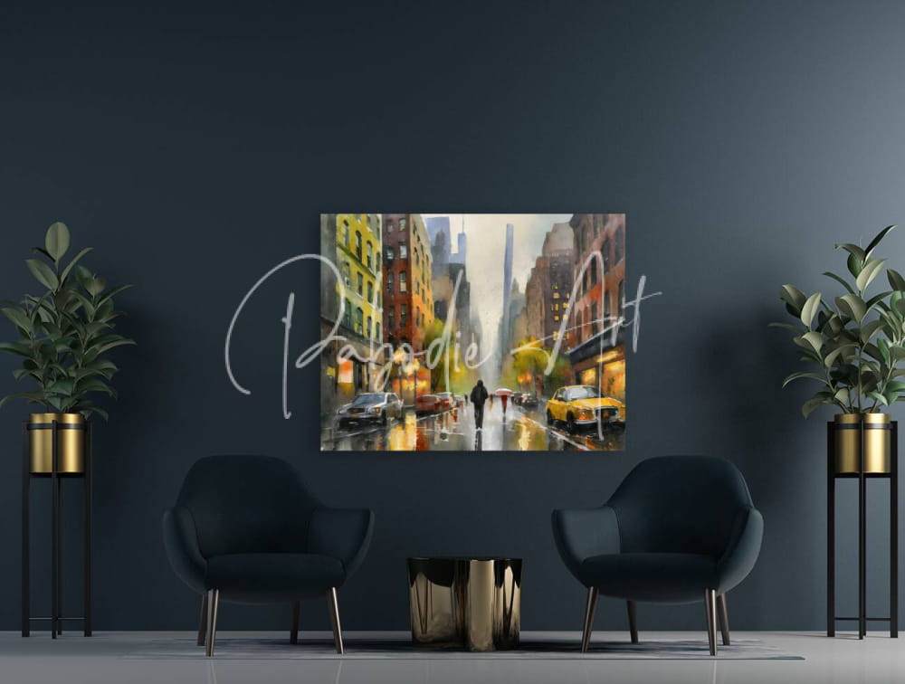 A vibrant impressionistic painting titled rainy day in manhattan featuring yellow taxis and wet city streets under rain