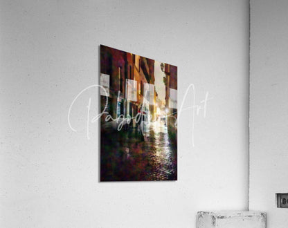 Abstract cityscape print on modern acrylic wall hanging with warm amber and burgundy tones reflecting on wet pavement