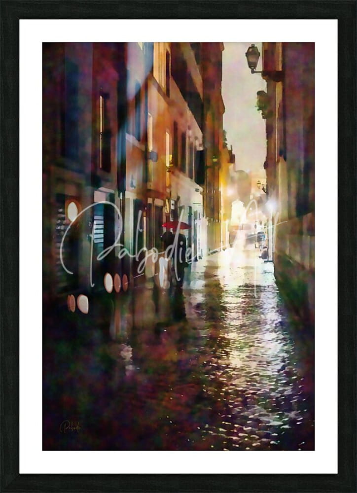 Framed artwork of a vibrant impressionistic street scene with wet cobblestones reflecting warm and cool lights
