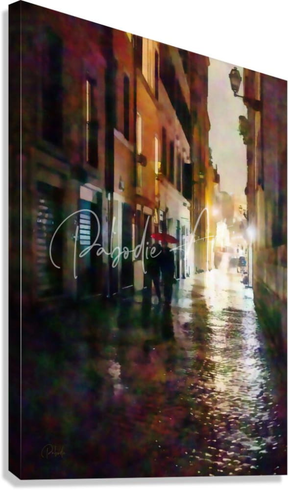 A vibrant impressionistic canvas print of a rainy european street scene with warm buildings and wet pavement
