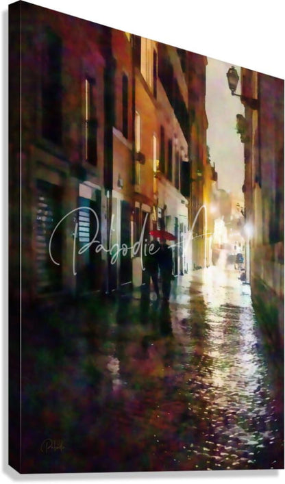 A vibrant impressionistic canvas print of a rainy european street scene with warm buildings and wet pavement