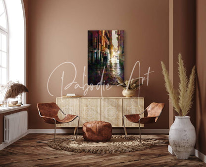 Brown leather armchairs with sleek metal legs in a warm-toned room inspired by rainy walk through a cobblestone alley