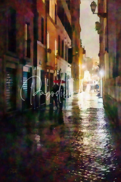 A vibrant red umbrella held by a figure walking through a rain-slicked warmly lit cobblestone alleyway