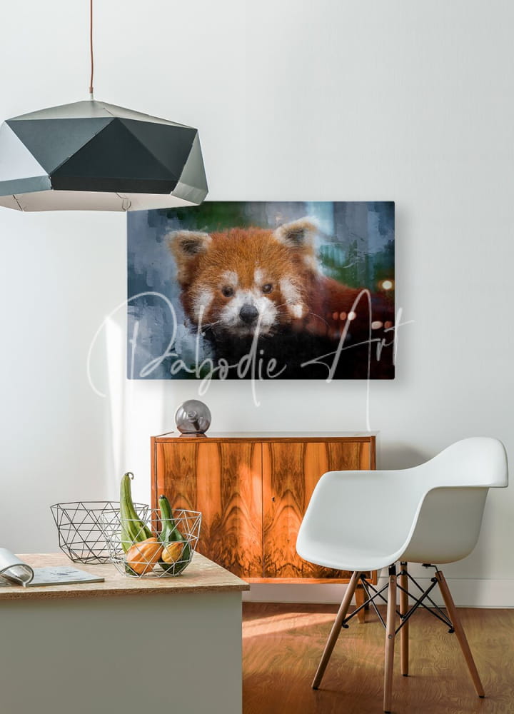 A framed canvas print featuring a close-up red panda portrait with reddish-brown fur and white facial markings
