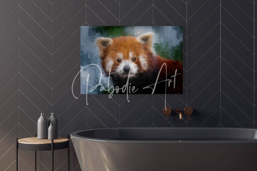 A framed painting titled red panda portrait featuring a red panda with soft brushstrokes in warm orange and white fur