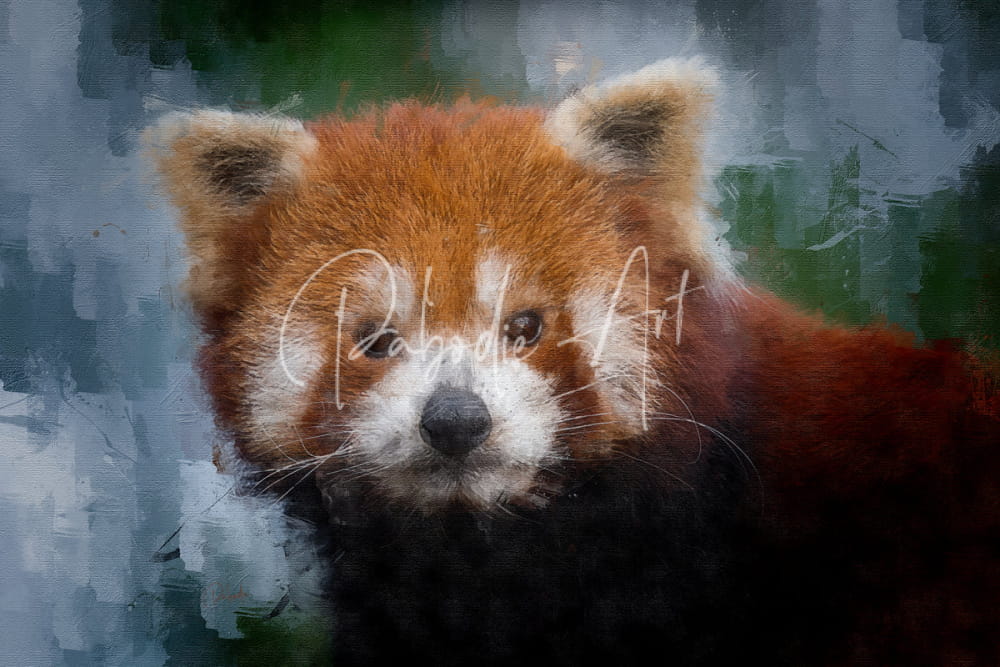 A soft-focus digital painting of a red panda with rich orange-red fur and white facial markings in red panda portrait
