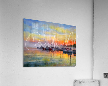 Watercolor-style acrylic print of harbor at sunset with boats reflected in calm water under red and yellow sky hues