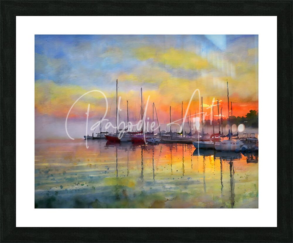 Framed watercolor painting of a marina at sunset with boats and colorful sky titled red sky in the morning