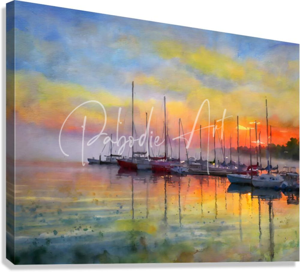 Watercolor-style canvas print red sky in the morning depicting sailboats at sunset with vibrant orange yellow and blue hues