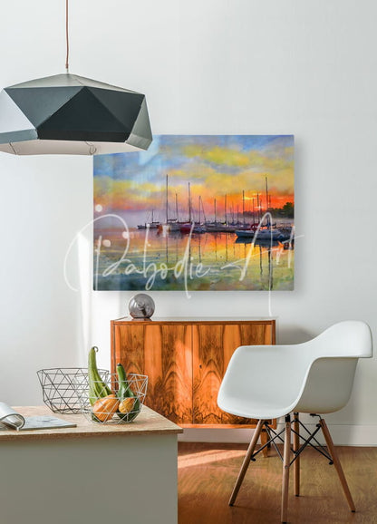 Watercolor painting titled Red Sky In The Morning of sailboats at sunset on calm water in a modern interior setting