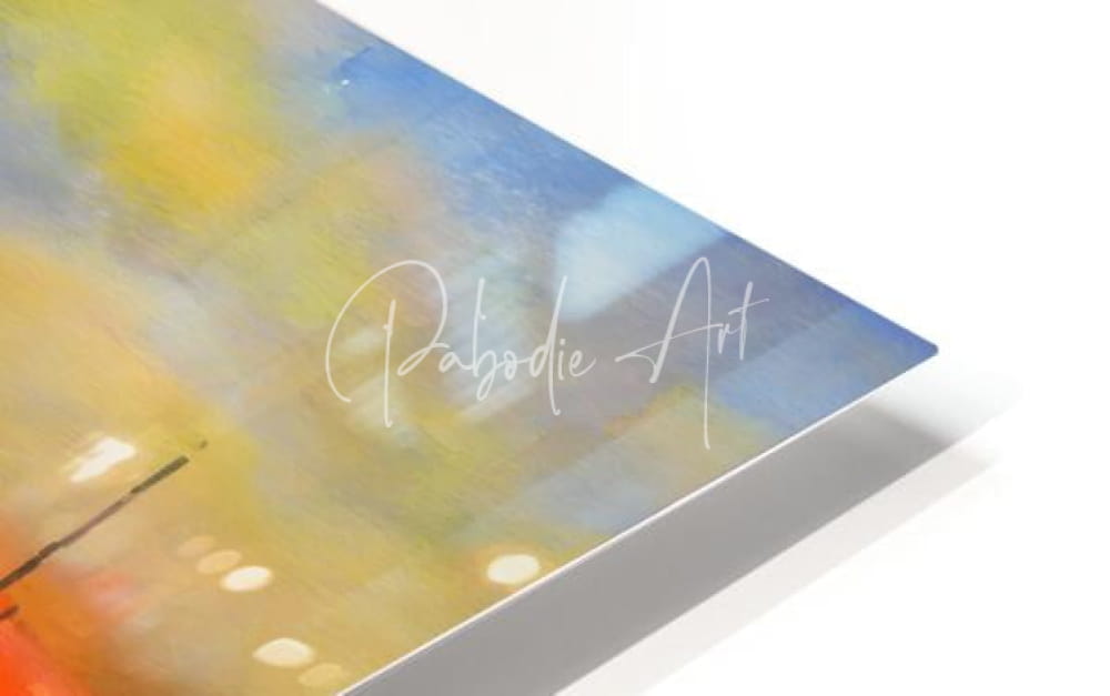A vibrant abstract painting titled red sky in the morning with blended blue yellow and orange hues and pabodie art signature