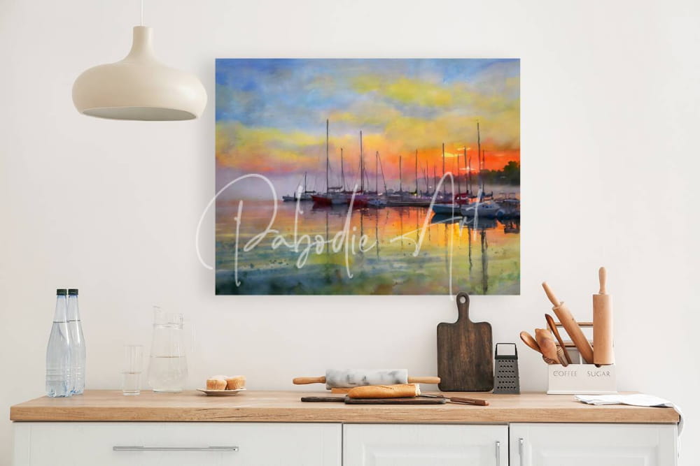 Watercolor painting of sailboats at sunset with warm orange and yellow hues reflecting on calm water titled red sky in the morning