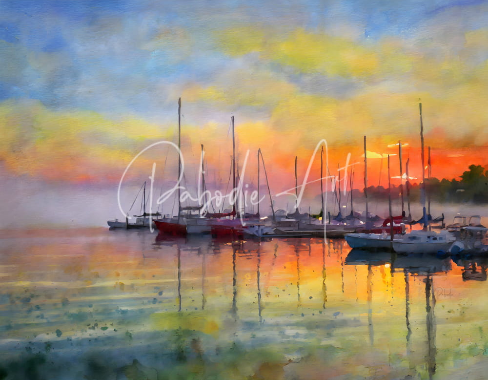 A watercolor painting titled red sky in the morning showing sailboats docked at sunset with vibrant orange skies reflected