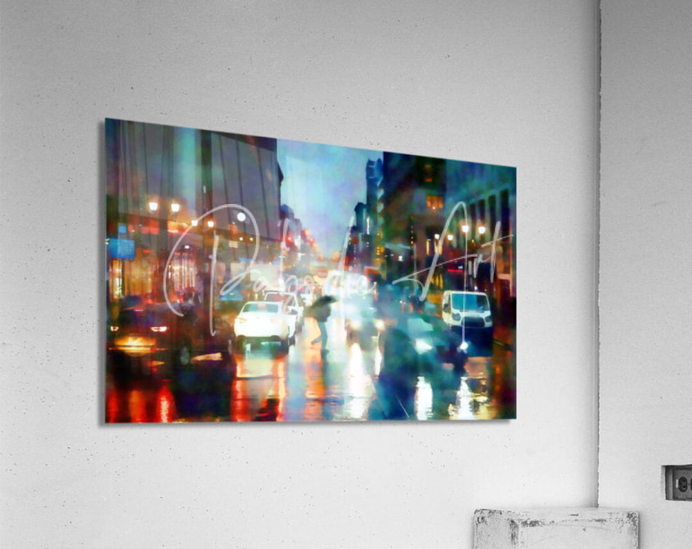 Abstract cityscape print on a sleek rectangular acrylic wall art panel titled reflections of New York City streets in the rain
