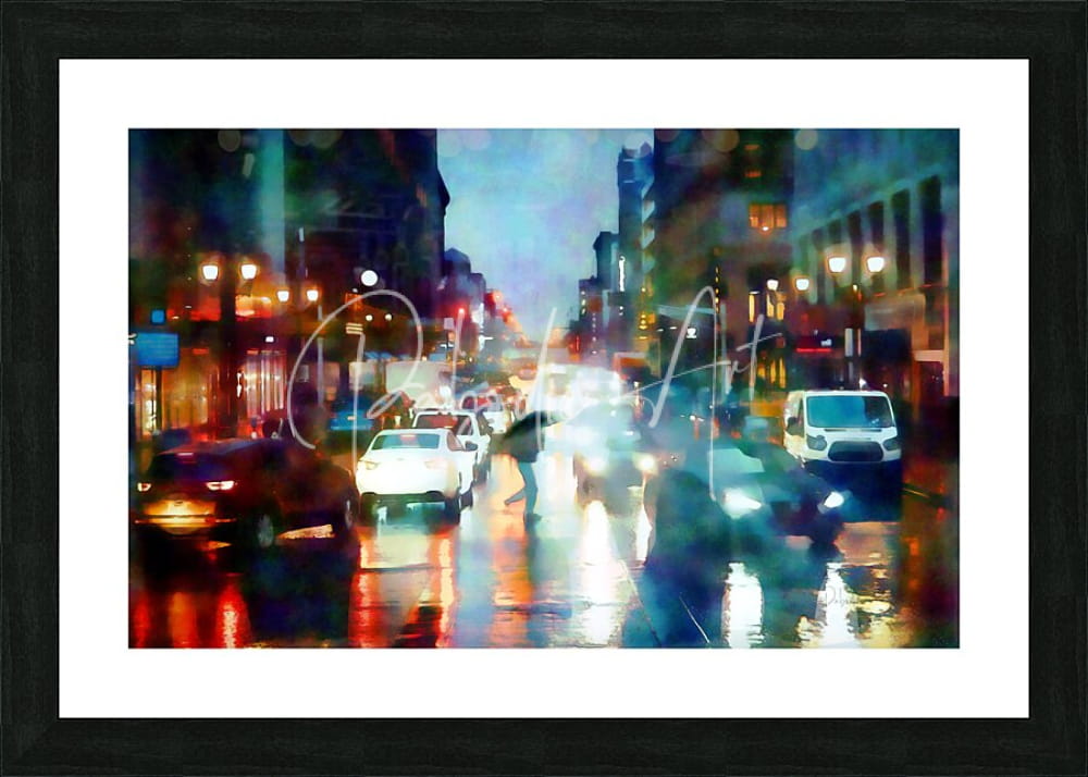 Vibrant impressionistic painting of rain-slicked new york city street at night with glowing car light reflections